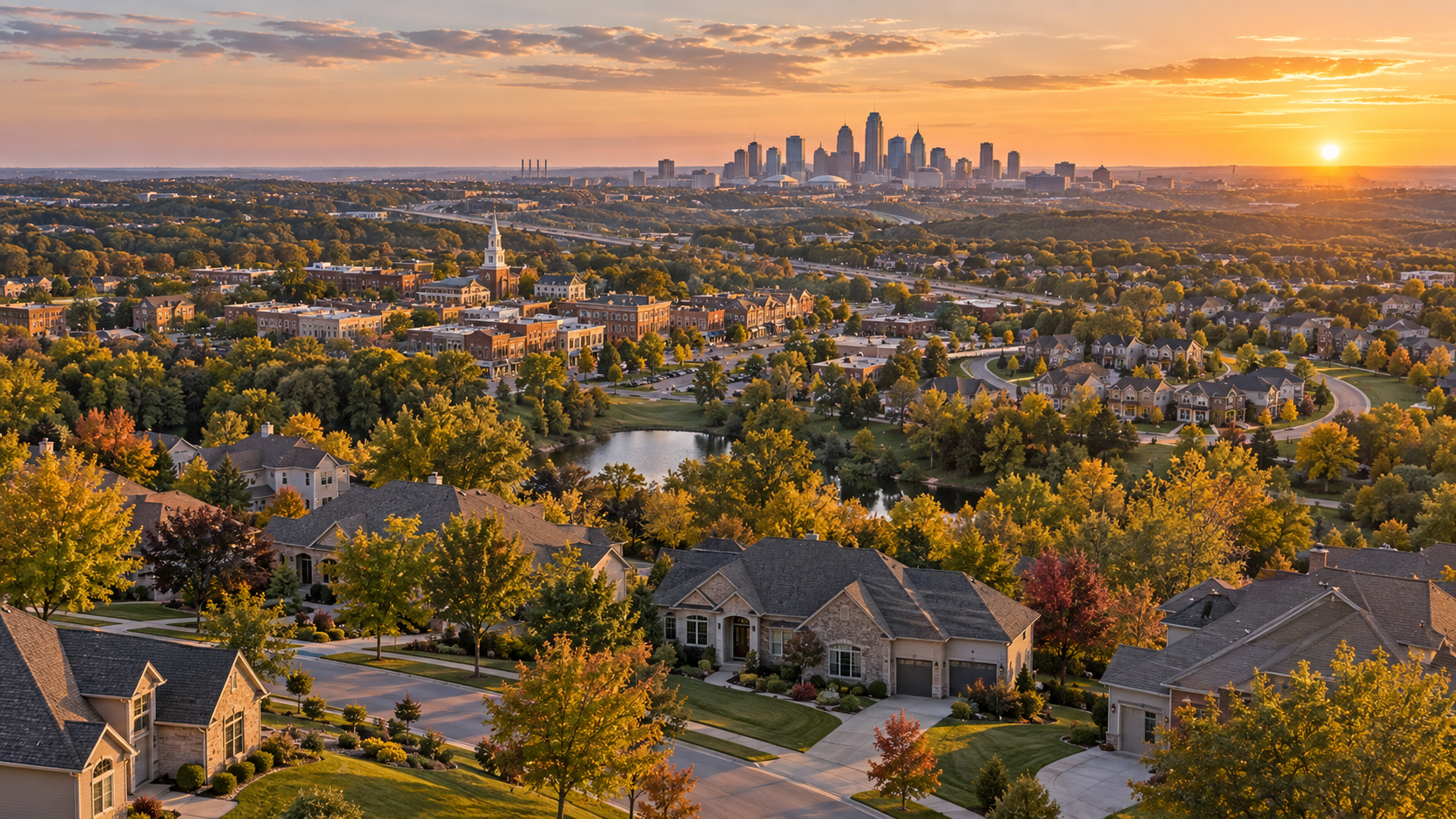 Elevated autumn view of Blue Springs homes, Liberty’s town center, Northland neighborhoods, and the Kansas City skyline at golden hour.