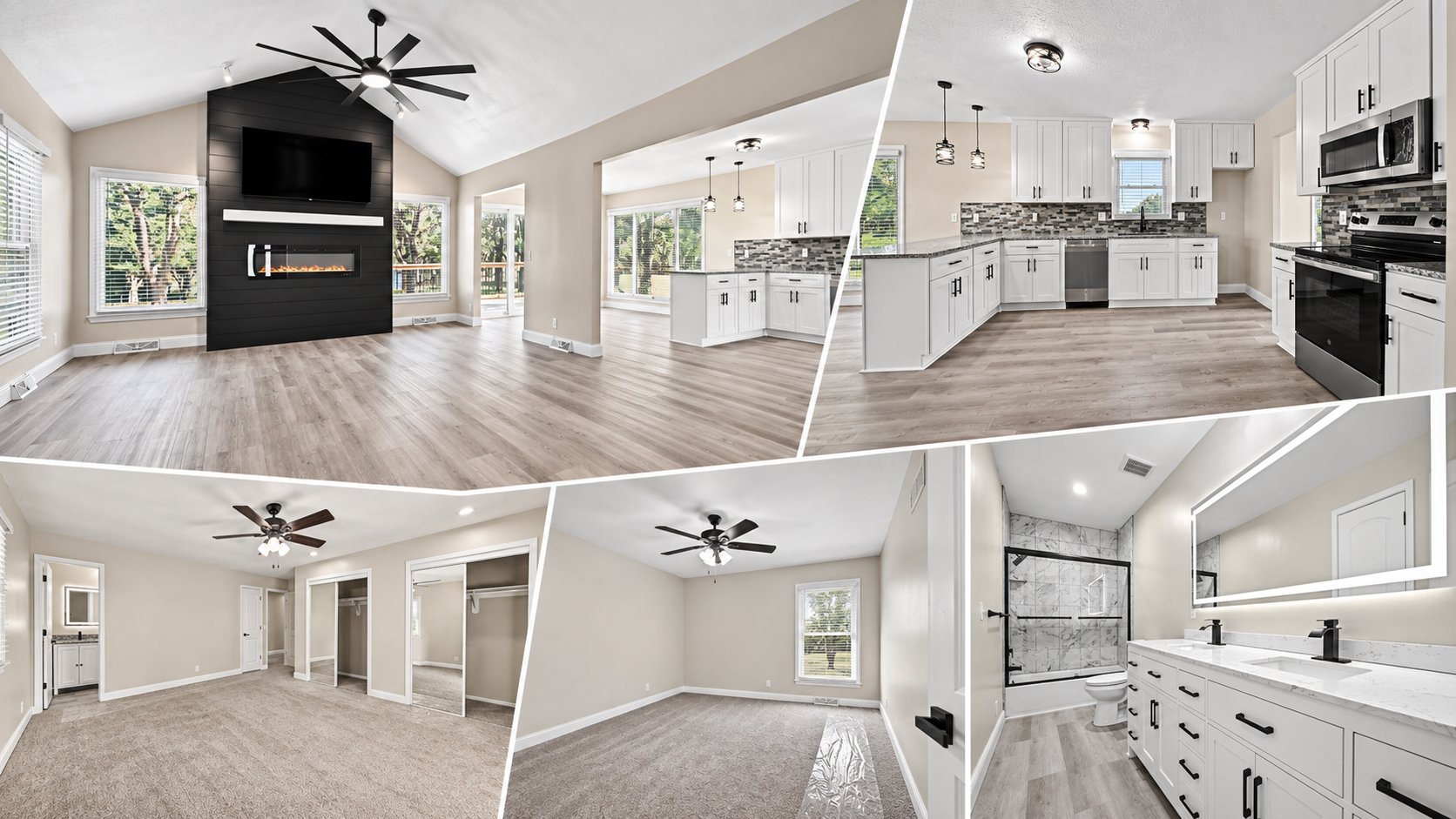 Renovated interior of 12223 Hills Road in Kearney, Missouri, featuring a vaulted great room, modern kitchen, bedrooms, and updated bathroom. Renovated interior of 12223 Hills Road in Kearney, Missouri, featuring a vaulted great room, modern kitchen, bedrooms, and updated bathroom.