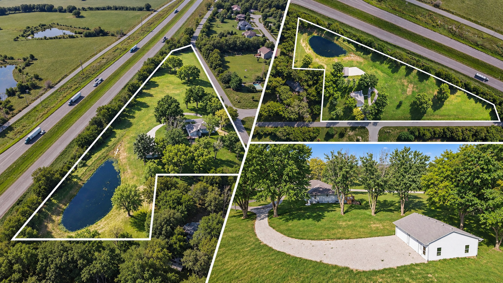 Aerial collage of 12223 Hills Road in Kearney, Missouri, showing six acres, a pond, mature trees, the home, curved driveway, and detached garage. Aerial collage of 12223 Hills Road in Kearney, Missouri, showing six acres, a pond, mature trees, the home, curved driveway, and detached garage.