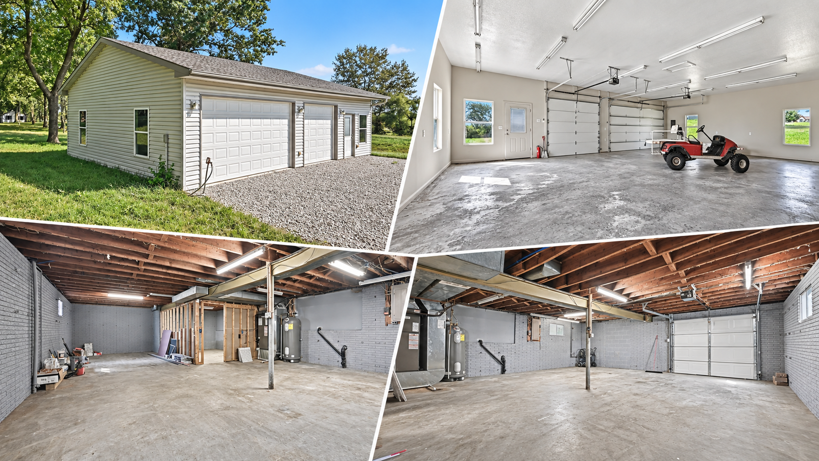 Garage collage of 12223 Hills Road in Kearney, Missouri, featuring a detached three-car workshop and spacious basement utility garage. Garage collage of 12223 Hills Road in Kearney, Missouri, featuring a detached three-car workshop and spacious basement utility garage.