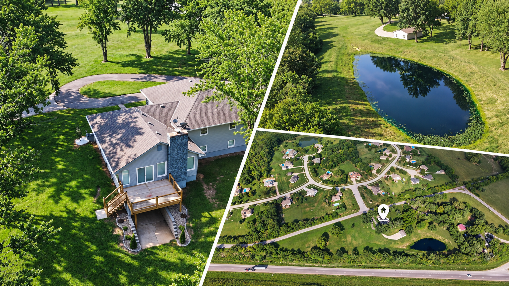 Aerial collage of 12223 Hills Road in Kearney, Missouri, showing the renovated home, rear deck, private pond, mature trees, and six-acre setting. Aerial collage of 12223 Hills Road in Kearney, Missouri, showing the renovated home, rear deck, private pond, mature trees, and six-acre setting.