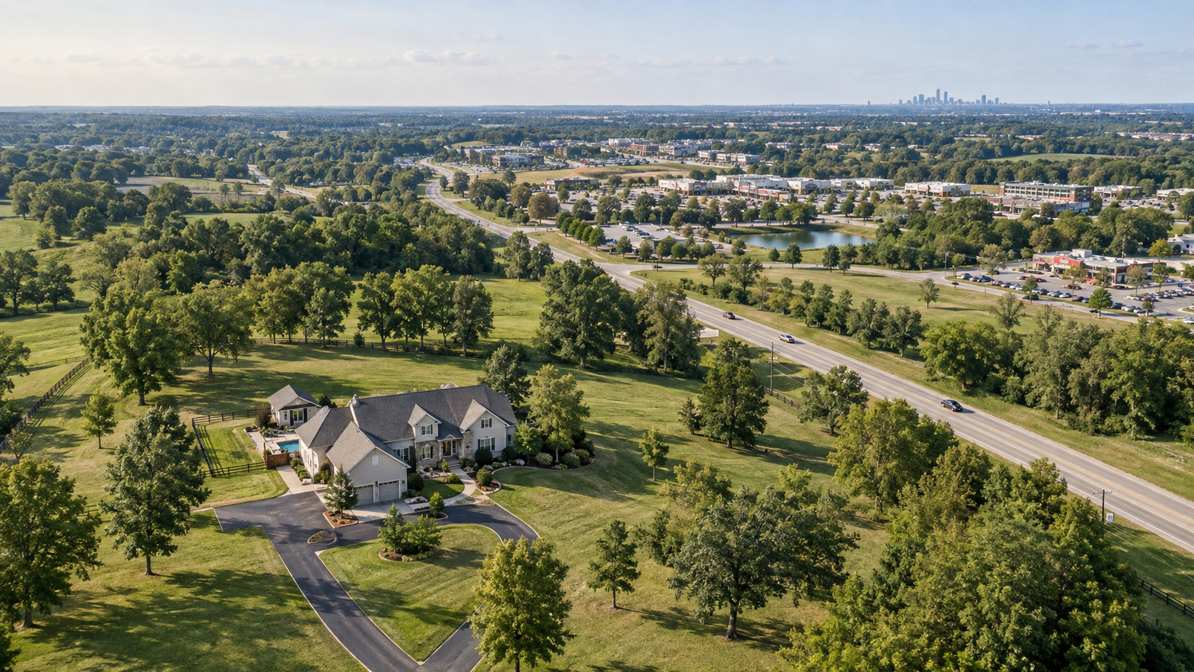 Elevated view of a Kearney, Missouri acreage home near Northland shopping and dining, with the Kansas City skyline in the distance. Elevated view of a Kearney, Missouri acreage home near Northland shopping and dining, with the Kansas City skyline in the distance.
