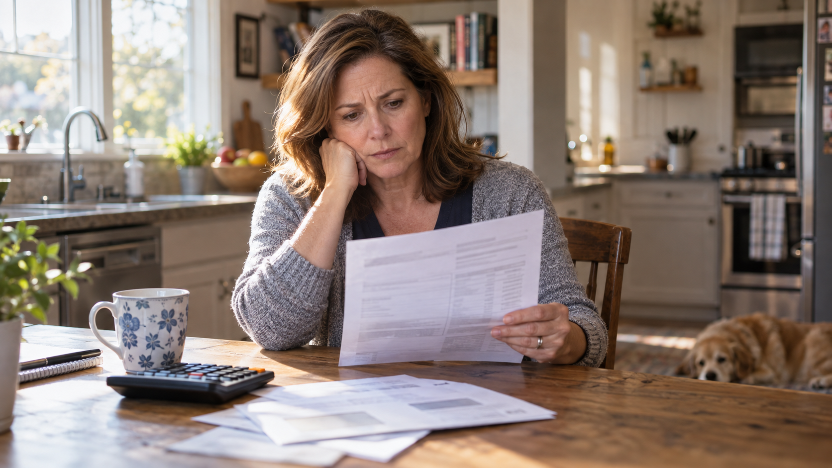 Worried Kansas City homeowner reviewing a property tax assessment notice at a kitchen table with a calculator.