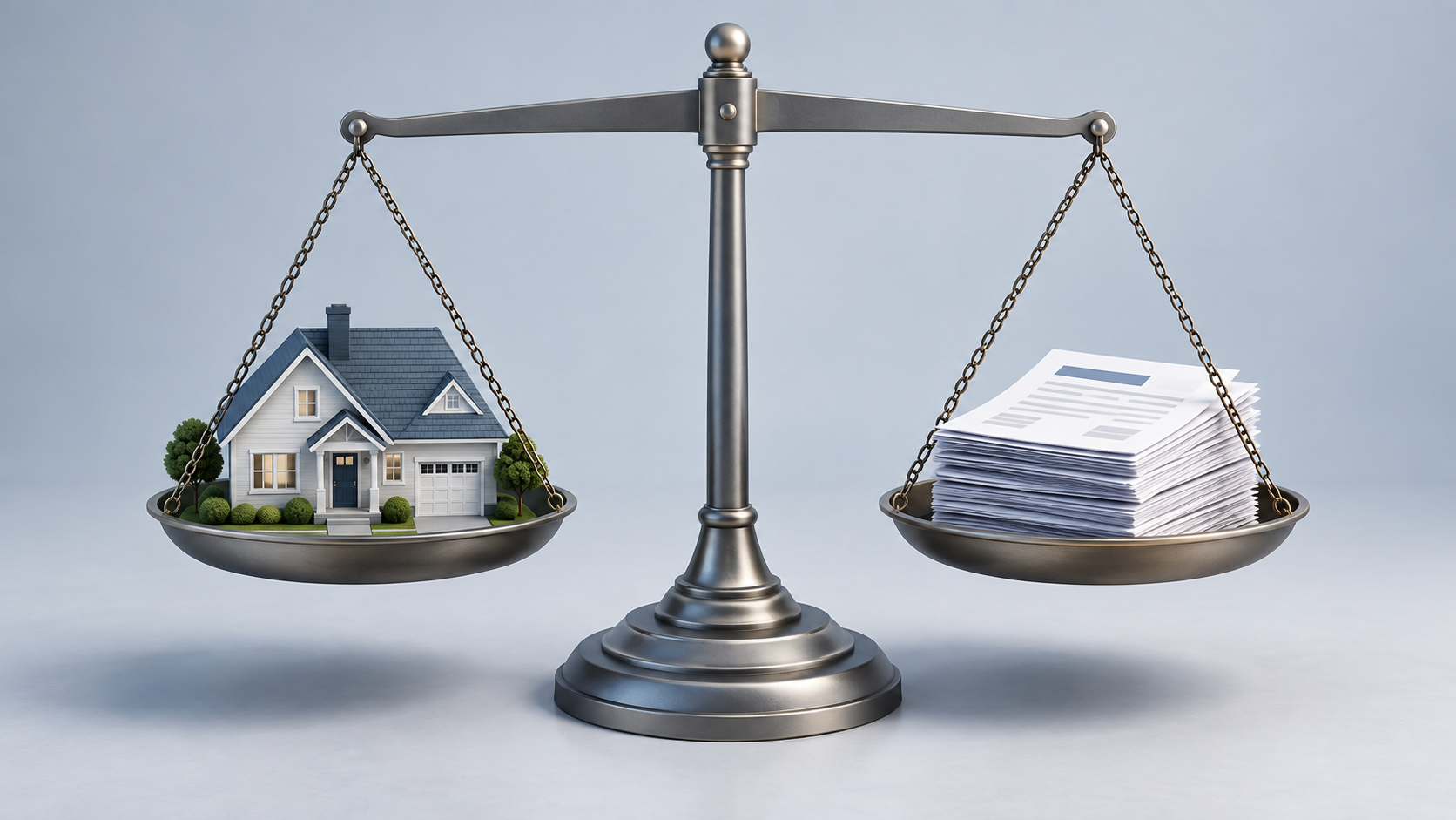 Balance scale comparing a model home with property tax assessment documents.
