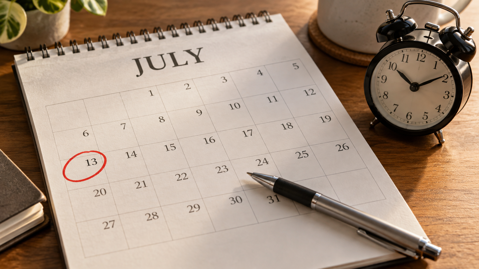 July calendar with July 13 circled beside a pen and alarm clock, representing the Jackson County property tax appeal deadline.