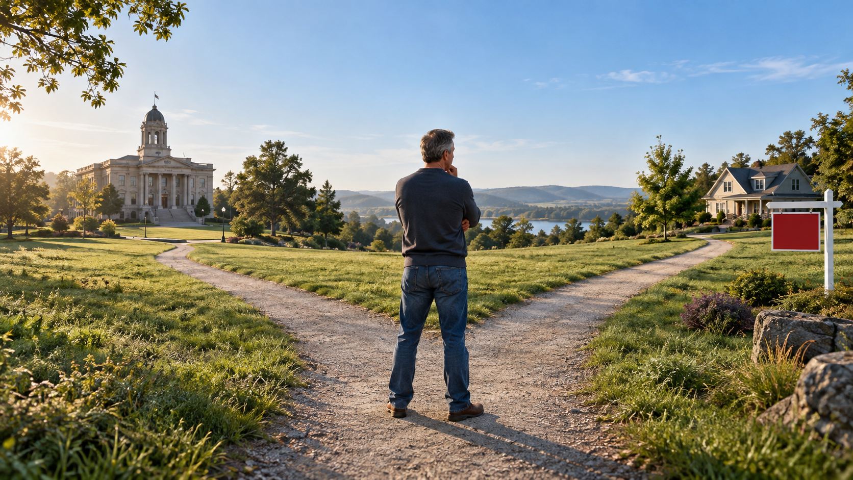 Homeowner choosing between appealing property taxes at a courthouse or selling their home.