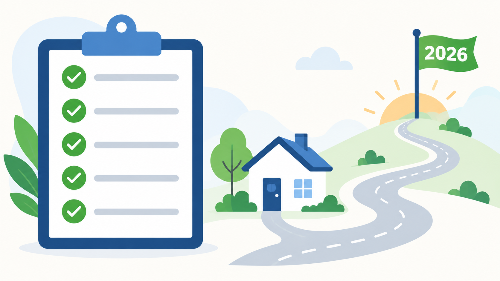 Property tax appeal checklist with a house and route leading to a 2026 deadline flag.