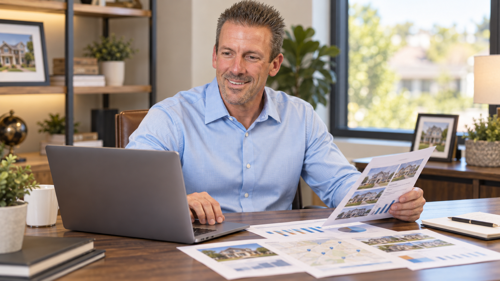 Jason DeLong reviewing Kansas City housing market charts and neighborhood comparable sales at his desk. Jason DeLong reviewing Kansas City housing market charts and neighborhood comparable sales at his desk.