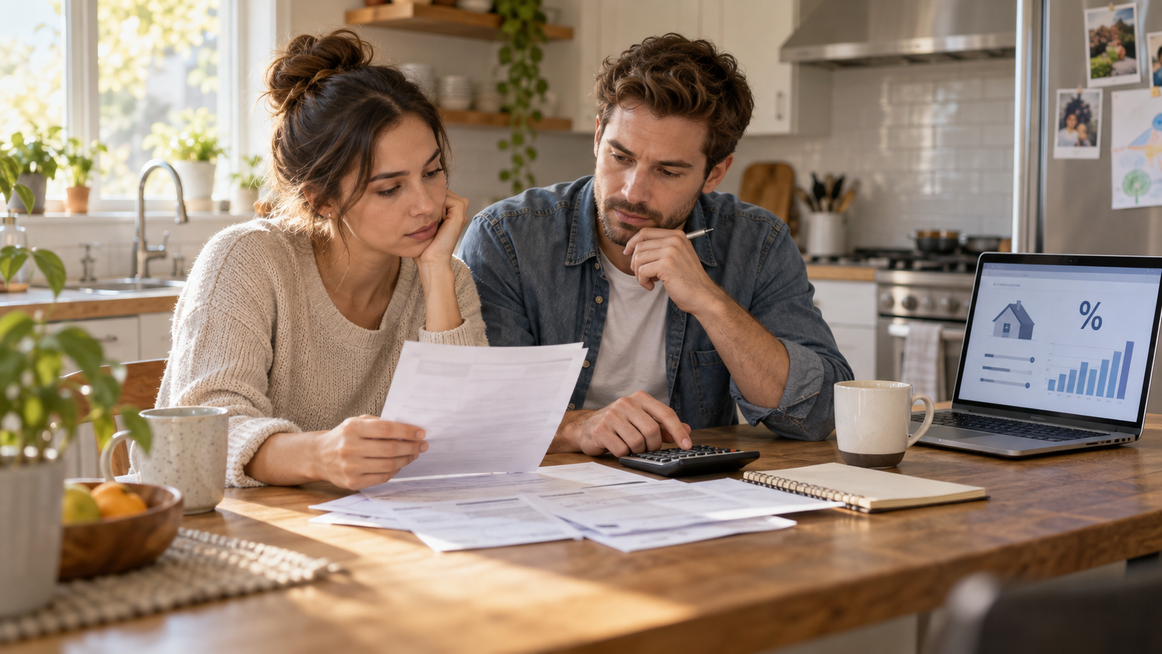 Young couple reviewing household bills, a calculator, and mortgage-rate information at their kitchen table. Young couple reviewing household bills, a calculator, and mortgage-rate information at their kitchen table.