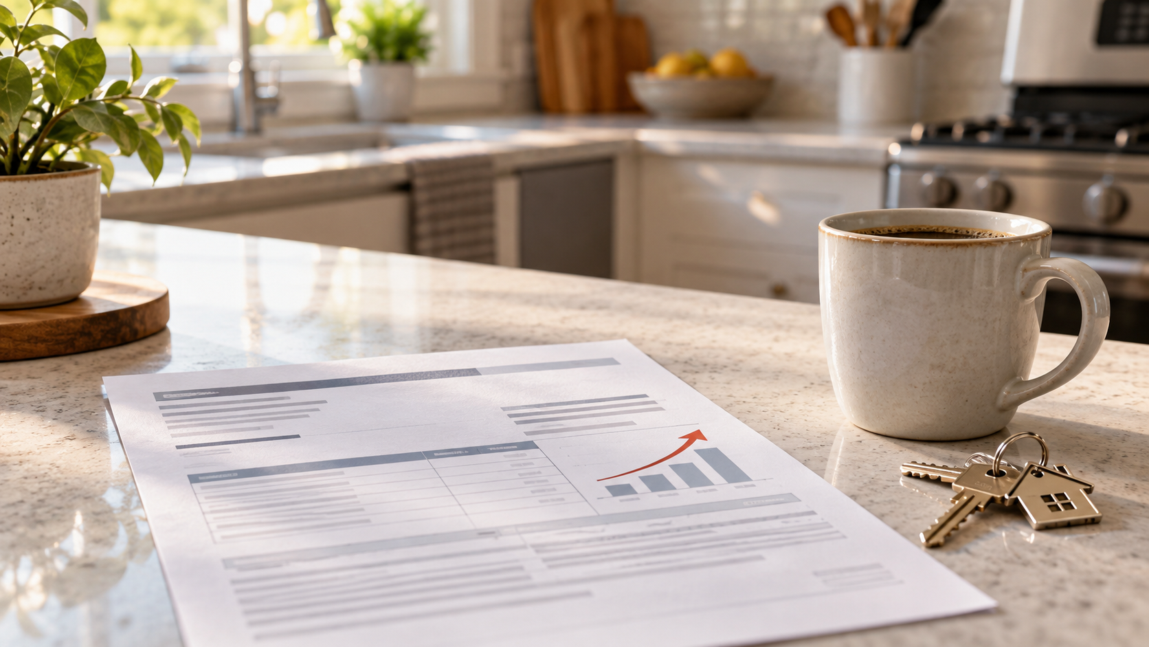 County property tax assessment notice showing an increase beside house keys and a coffee mug. County property tax assessment notice showing an increase beside house keys and a coffee mug.
