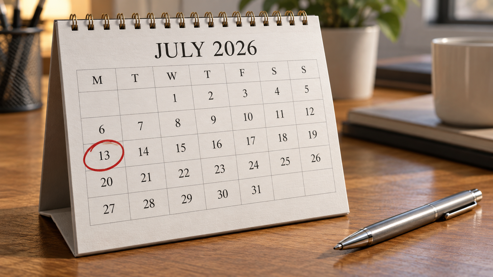 July 2026 desk calendar with Monday, July 13 circled in red to mark the property tax appeal deadline. July 2026 desk calendar with Monday, July 13 circled in red to mark the property tax appeal deadline.