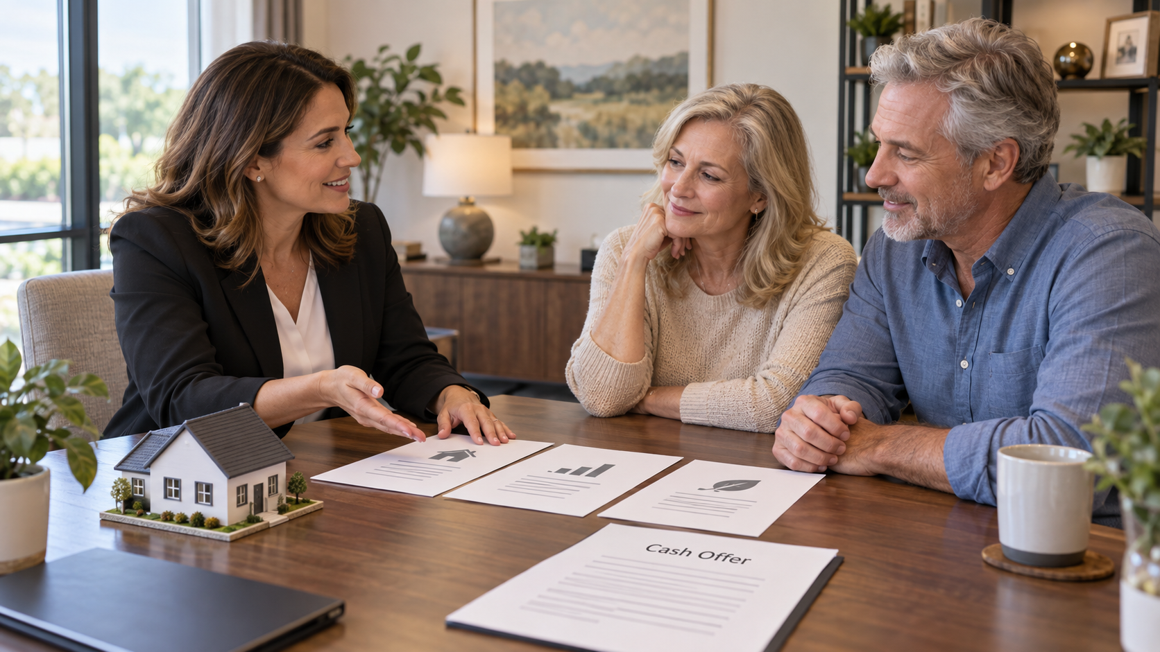 Real estate agent reviewing home-selling options and a cash offer with a homeowner couple. Real estate agent reviewing home-selling options and a cash offer with a homeowner couple.