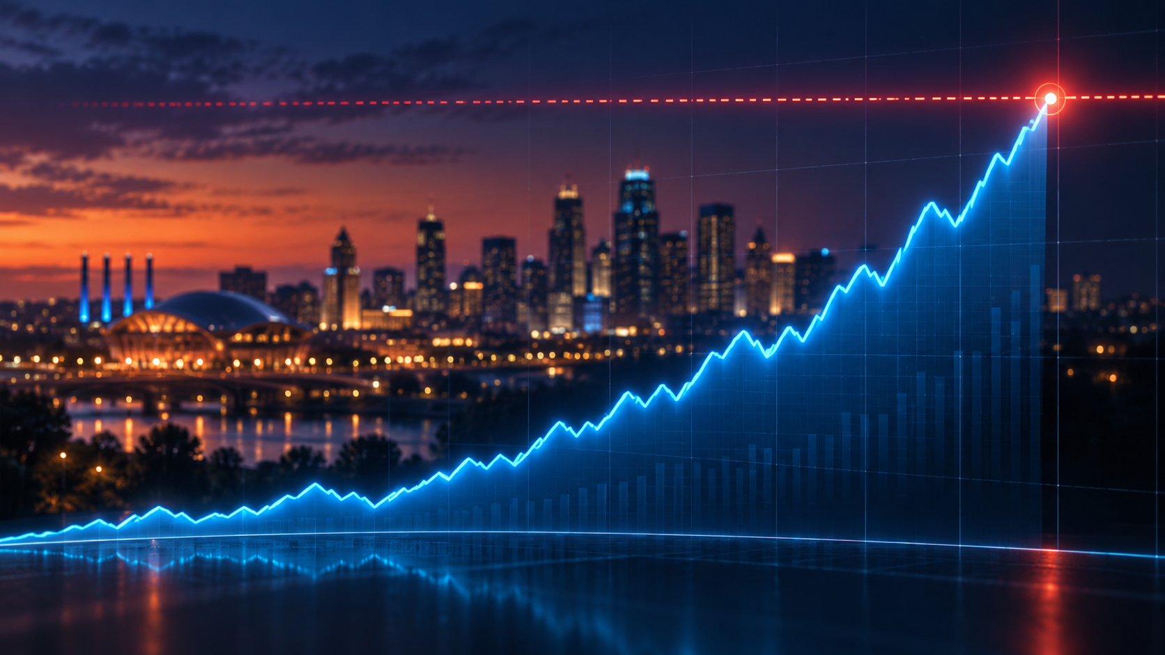 Glowing upward line graph approaching a highlighted threshold over the Kansas City skyline at dusk, illustrating rising mortgage rates. Glowing upward line graph approaching a highlighted threshold over the Kansas City skyline at dusk, illustrating rising mortgage rates.