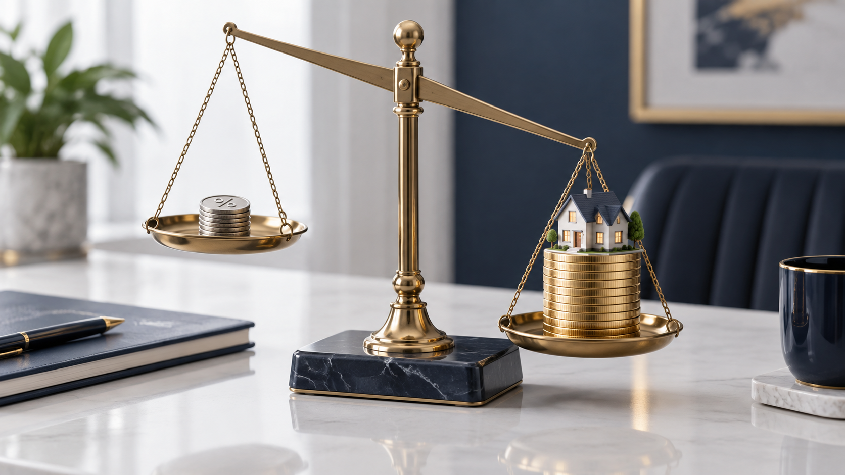 Balance scale with a small stack of coins marked with a percent symbol on one side and a model home atop gold coins on the other, illustrating interest savings versus potential home appreciation. Balance scale with a small stack of coins marked with a percent symbol on one side and a model home atop gold coins on the other, illustrating interest savings versus potential home appreciation.