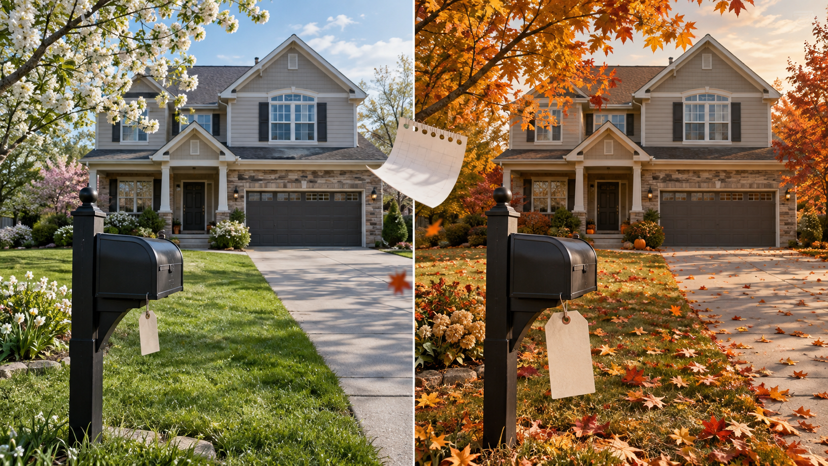 Split-screen view of the same Kansas City home in spring and fall, with larger price tag imagery in the fall to illustrate a possible price change over time. Split-screen view of the same Kansas City home in spring and fall, with larger price tag imagery in the fall to illustrate a possible price change over time.