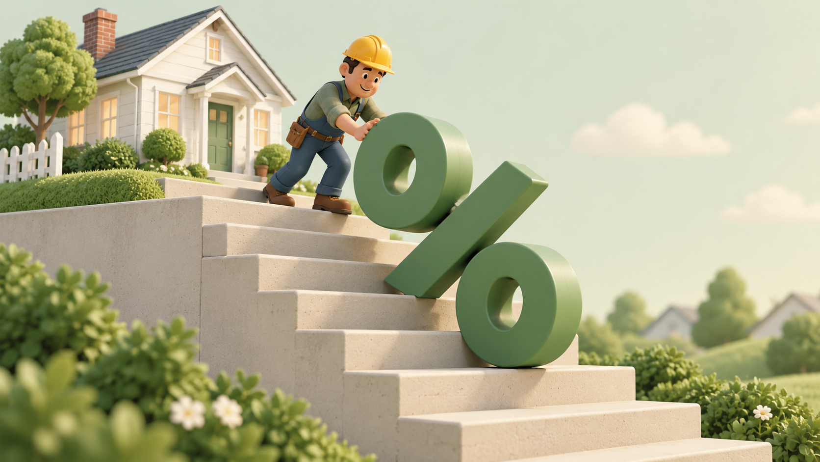 Illustration of a homebuilder pushing a percent symbol down steps beside a new home, representing a builder mortgage rate buydown. Illustration of a homebuilder pushing a percent symbol down steps beside a new home, representing a builder mortgage rate buydown.