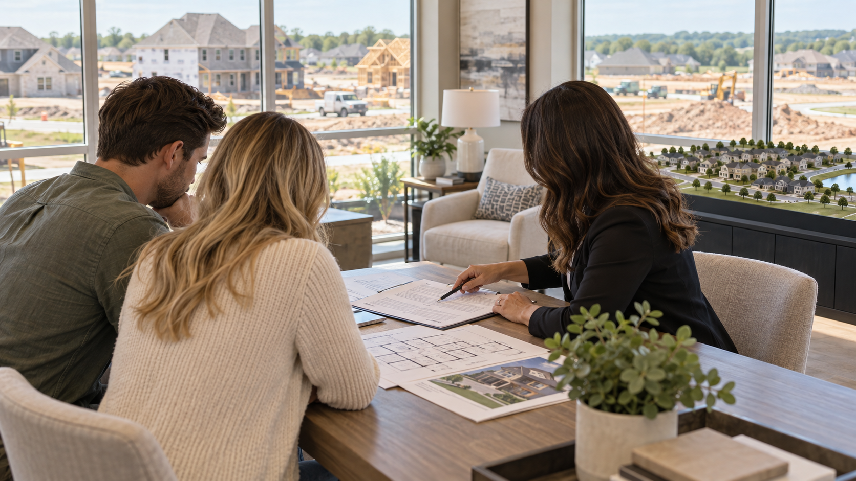 Buyers and a real estate agent review a floor plan and contract inside a new construction model home, with a developing neighborhood visible outside. Buyers and a real estate agent review a floor plan and contract inside a new construction model home, with a developing neighborhood visible outside.