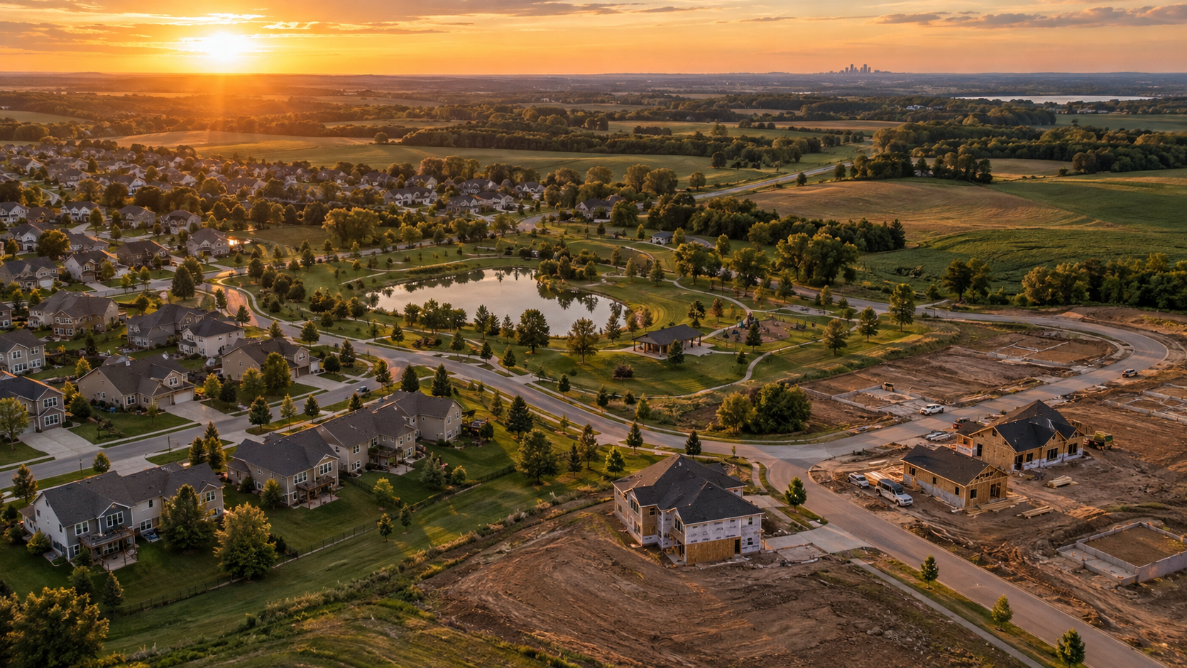Aerial illustration of a growing Kansas City suburban neighborhood with completed homes, new construction, a park, and a pond at sunset. Aerial illustration of a growing Kansas City suburban neighborhood with completed homes, new construction, a park, and a pond at sunset.