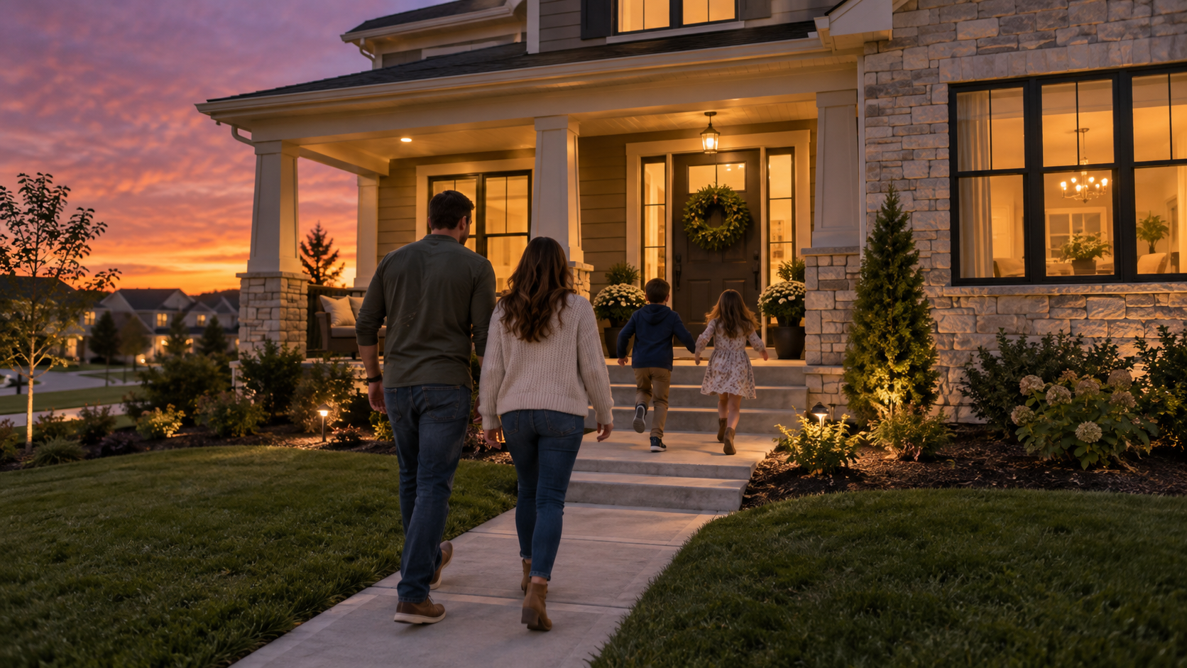 Family of four walking toward a newly built Kansas City home at dusk, with warm lights glowing from the windows. Family of four walking toward a newly built Kansas City home at dusk, with warm lights glowing from the windows.