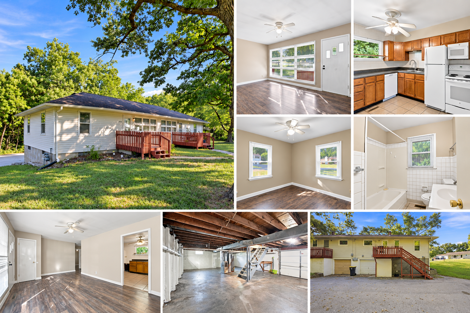 Photo collage of the rental at 630 NE 90th St in Kansas City, showing the exterior, living areas, kitchen, bedroom, bathroom, basement, and driveway. Photo collage of the rental at 630 NE 90th St in Kansas City, showing the exterior, living areas, kitchen, bedroom, bathroom, basement, and driveway.