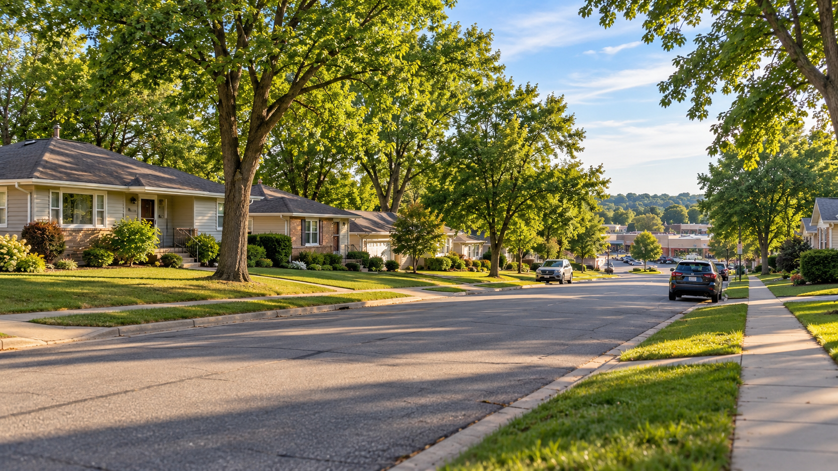 Illustrative Kansas City Northland neighborhood scene with tree-lined homes and a small shopping area in the distance. Illustrative Kansas City Northland neighborhood scene with tree-lined homes and a small shopping area in the distance.