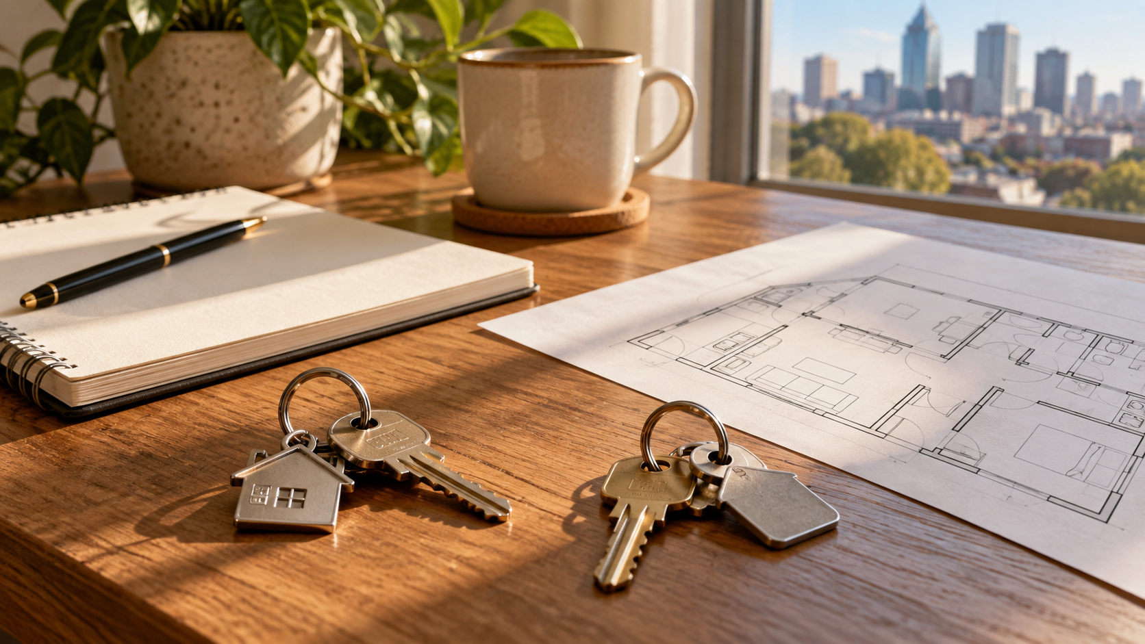 Two sets of house keys beside a notebook and floor plan, illustrating the choice between renting and buying in Kansas City. Two sets of house keys beside a notebook and floor plan, illustrating the choice between renting and buying in Kansas City.