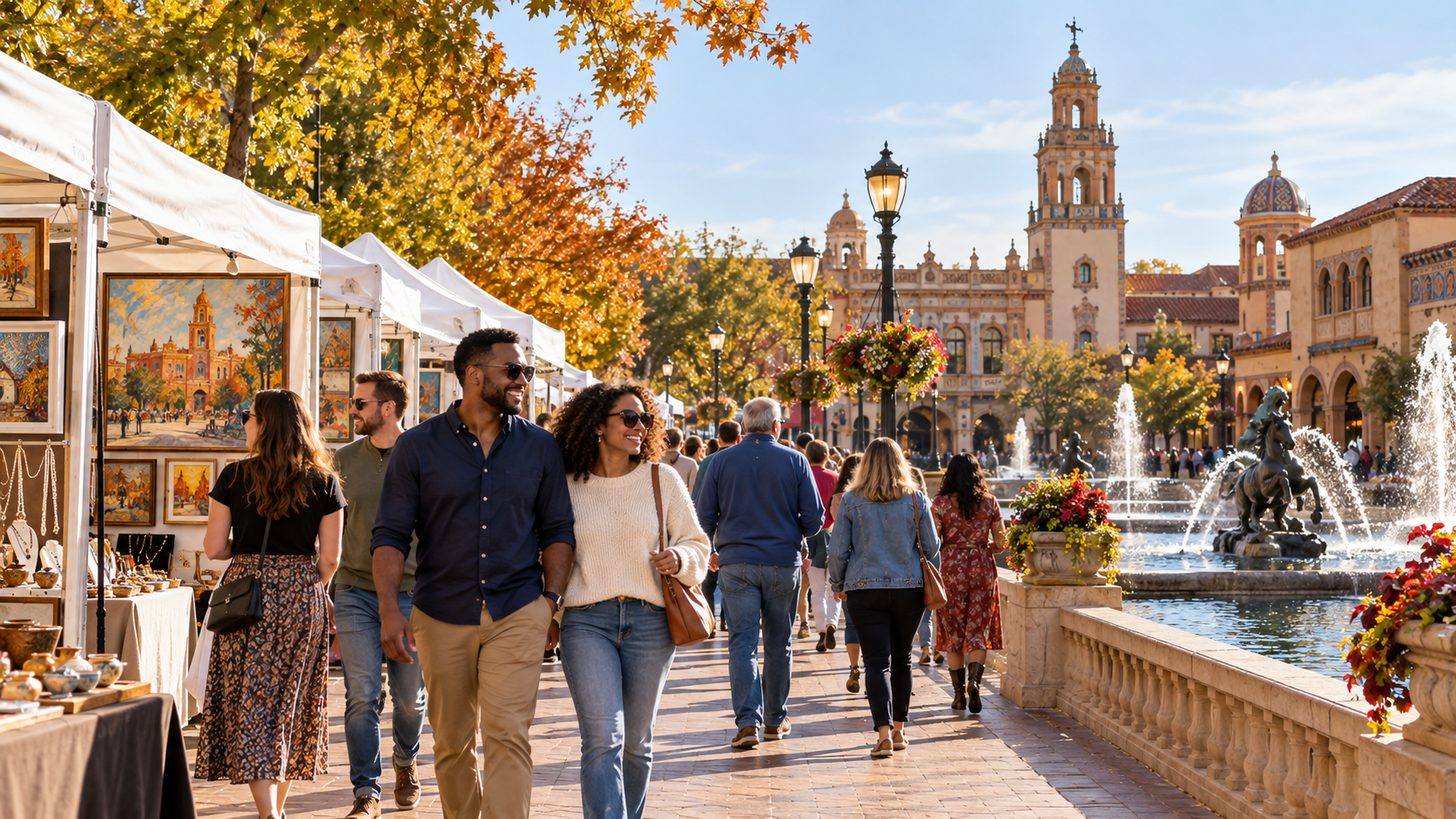 Visitors browse outdoor art booths near the fountains at Kansas City’s Country Club Plaza on a sunny fall afternoon.