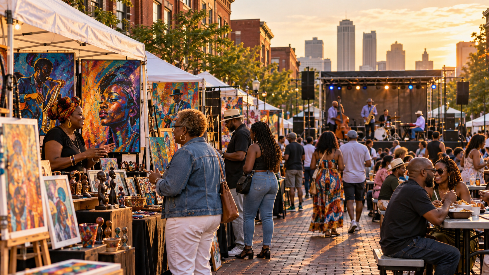 Visitors browse local artwork while jazz musicians perform at an outdoor festival in Kansas City’s 18th & Vine Jazz District.
