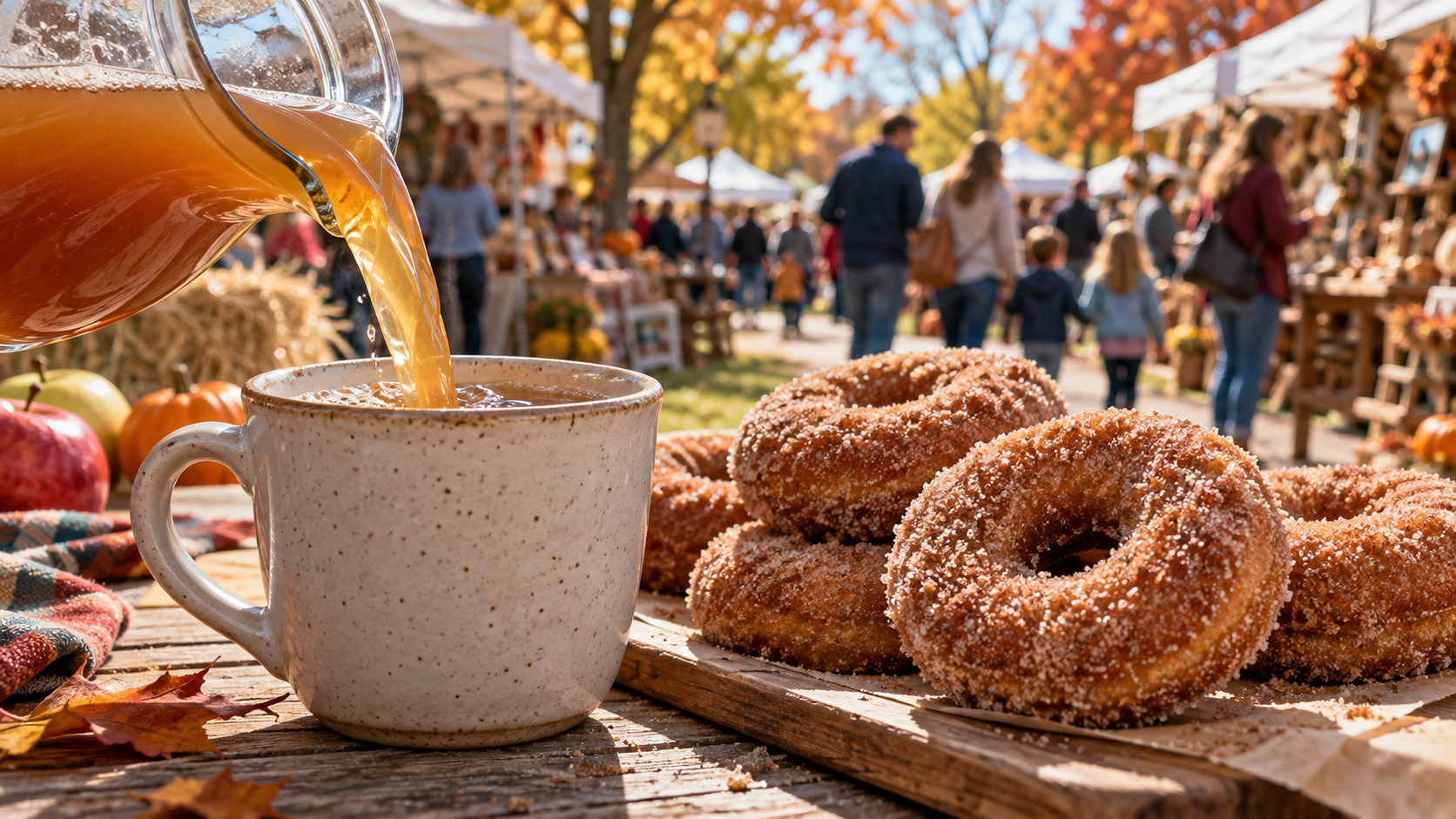 Apple cider is poured beside cinnamon donuts at a fall festival, with families browsing craft booths in the background.