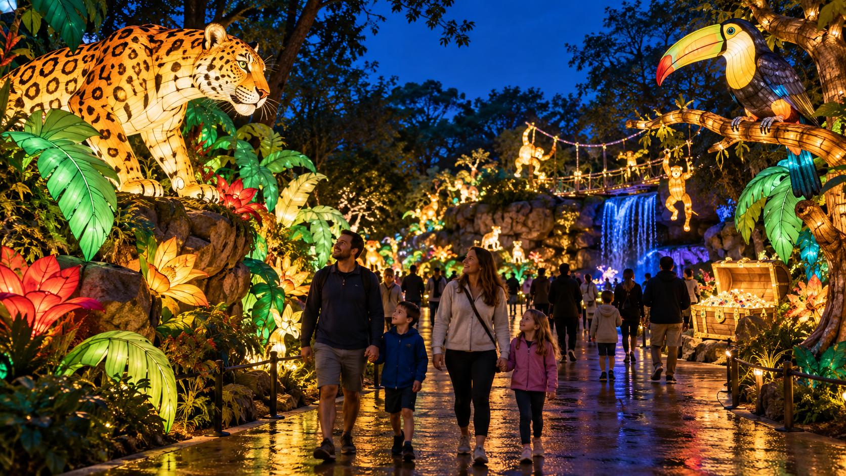 Families walk past glowing jungle animal lanterns on a nighttime path at the Kansas City Zoo.
