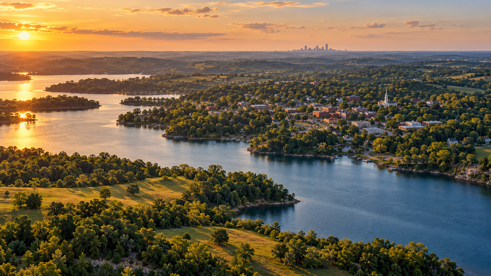 Illustrated aerial view of a Missouri reservoir winding through green hills near a small town at sunset.