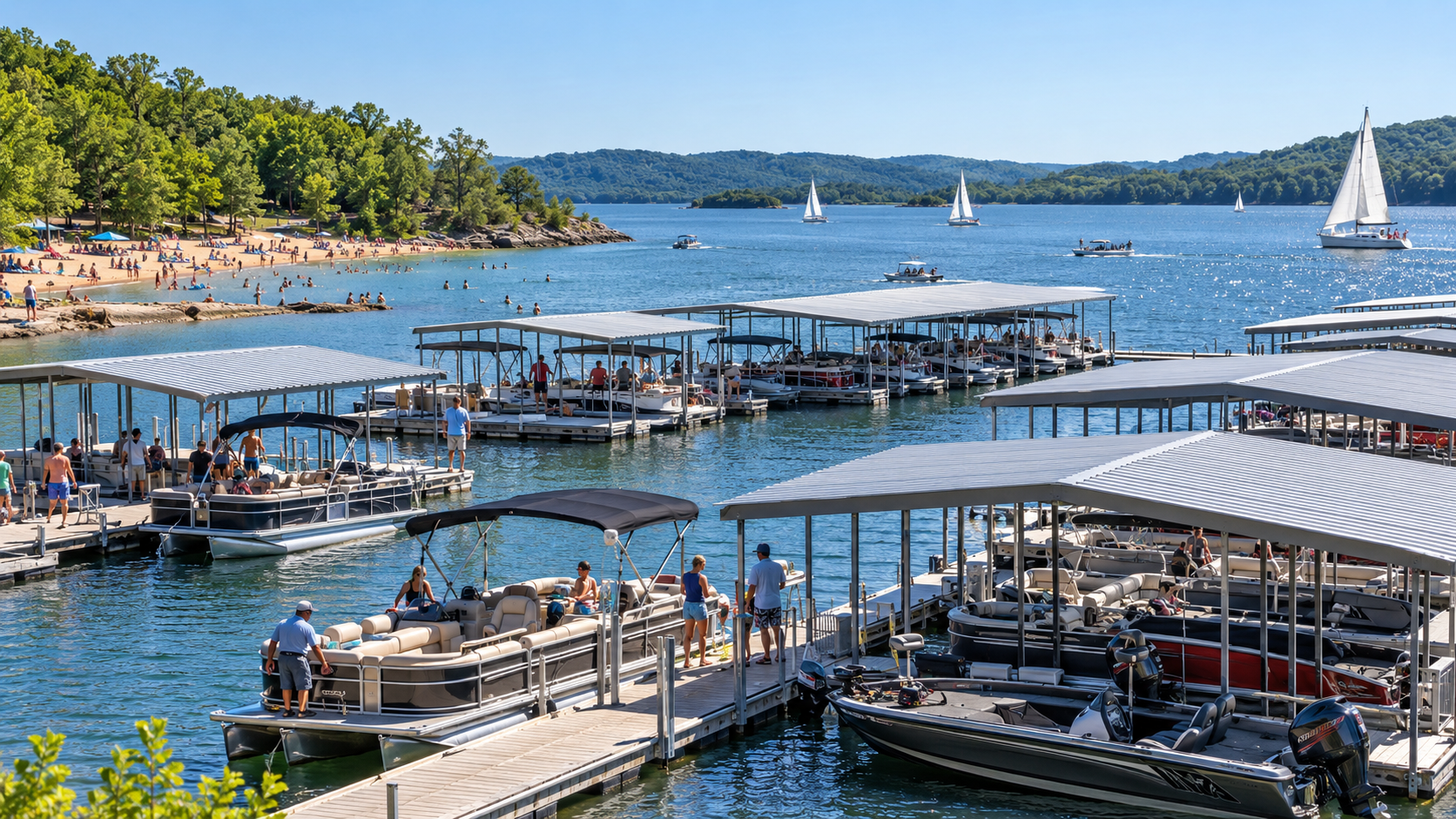 Illustrated summer lake marina with covered boat slips, pontoon boats, sailboats, and a sandy swim beach.