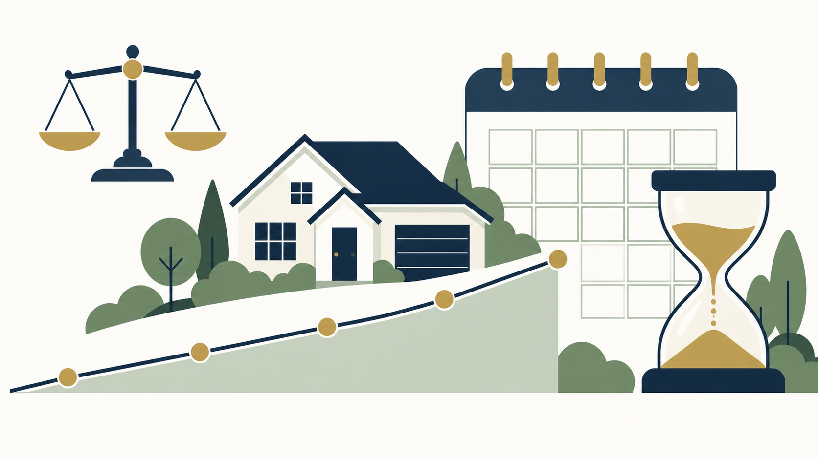 Illustration of a house on a rising graph beside a calendar, hourglass, and balance scale, representing time on market and negotiation.