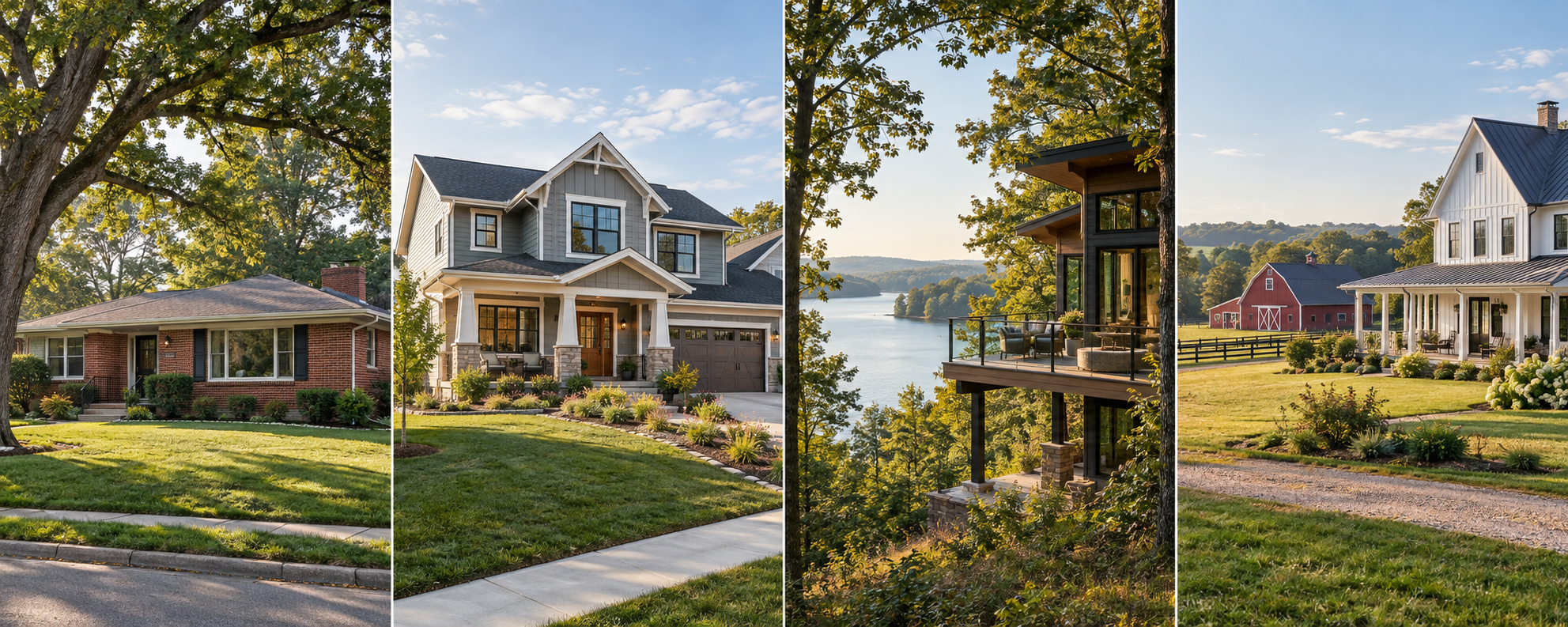 Illustration comparing four Missouri home styles: a brick ranch, new craftsman home, lakeview home, and farmhouse on acreage.