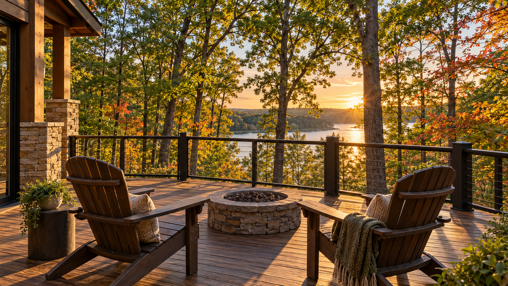 Illustrated craftsman home deck with Adirondack chairs and a fire pit overlooking a lake through autumn trees.