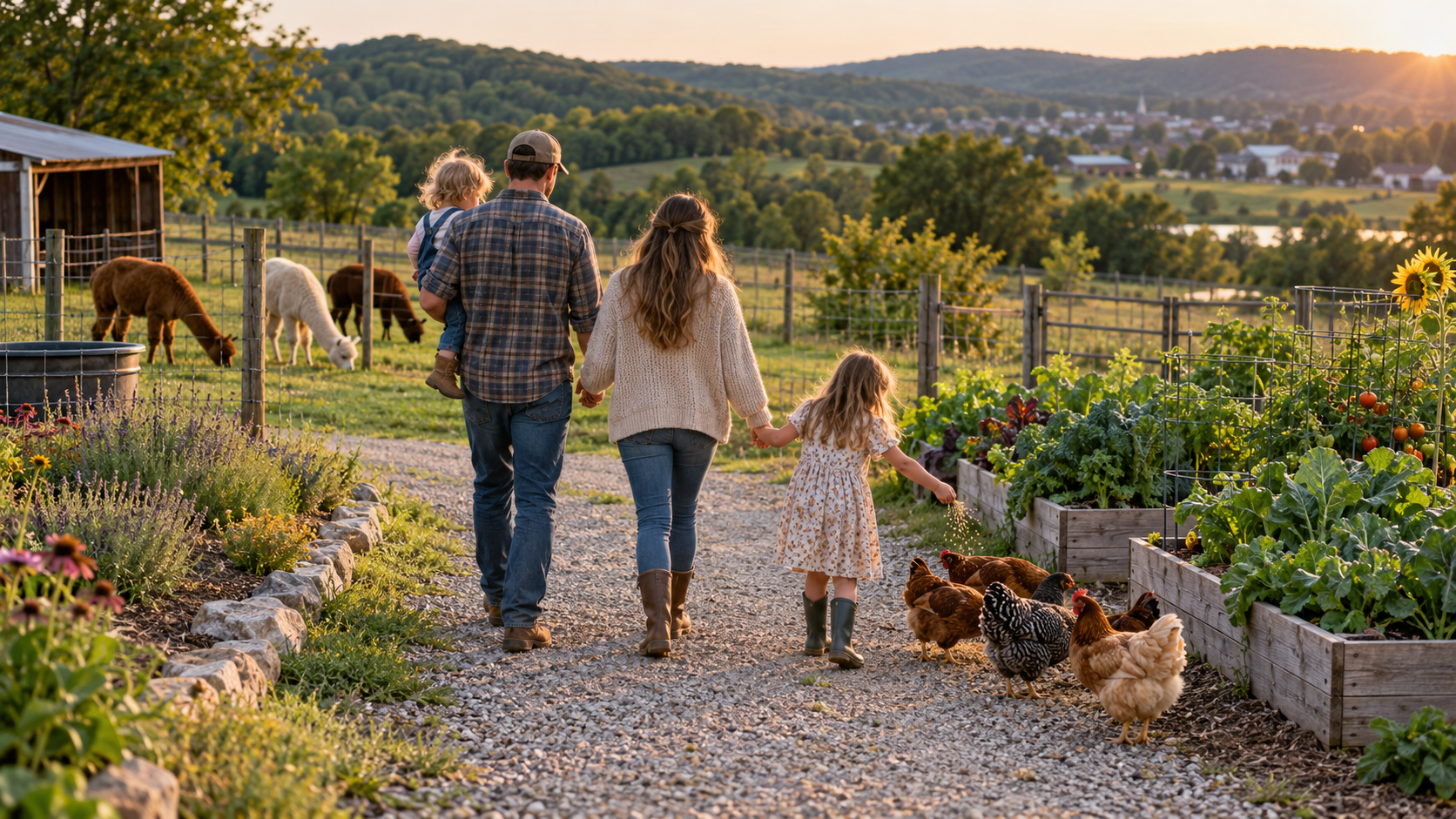 Illustrated family walking through a Missouri hobby farm with chickens, alpacas, and raised vegetable beds at sunset.