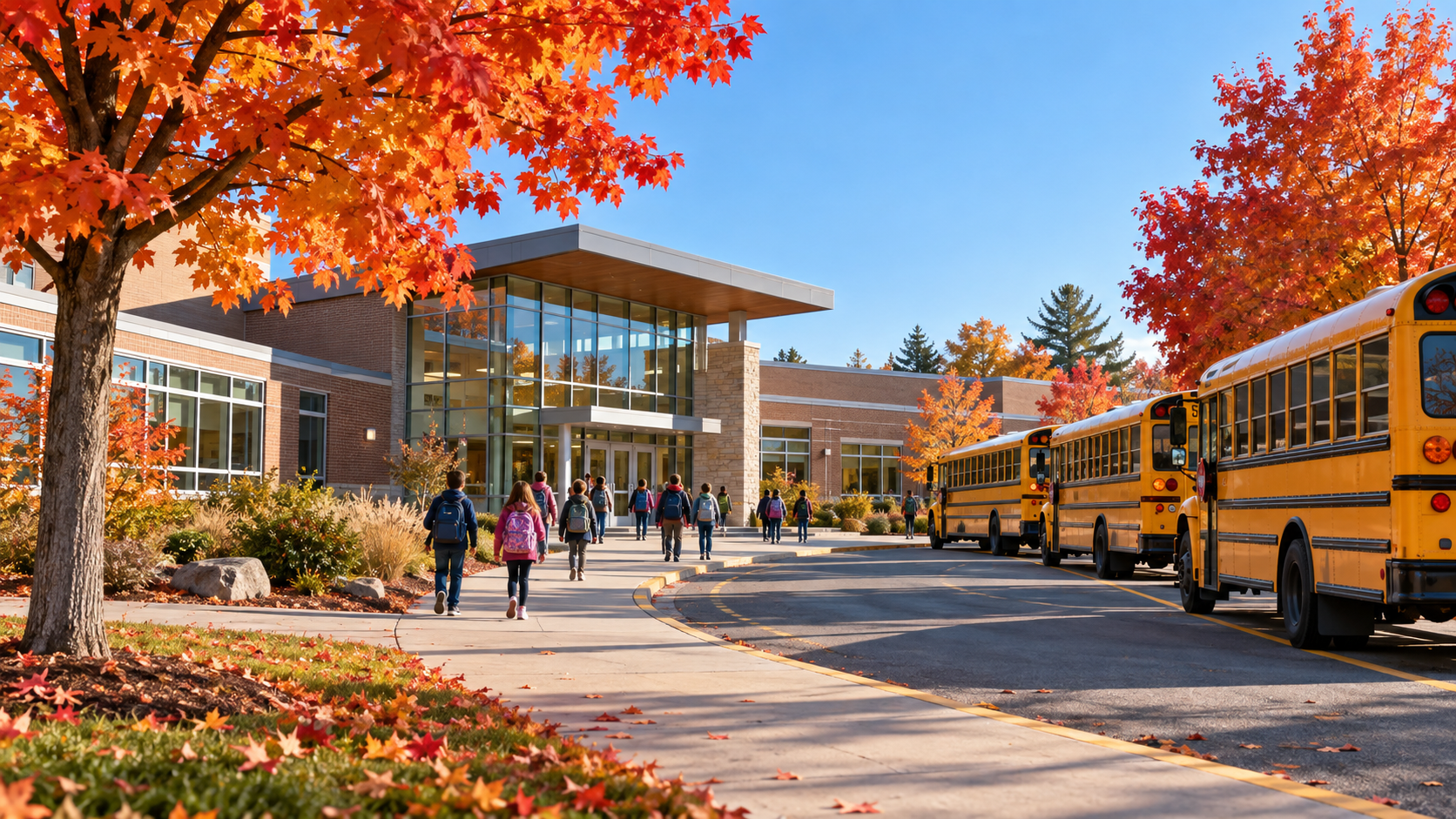 Illustrated elementary school entrance on a fall morning, with students walking past yellow buses and colorful maple trees.