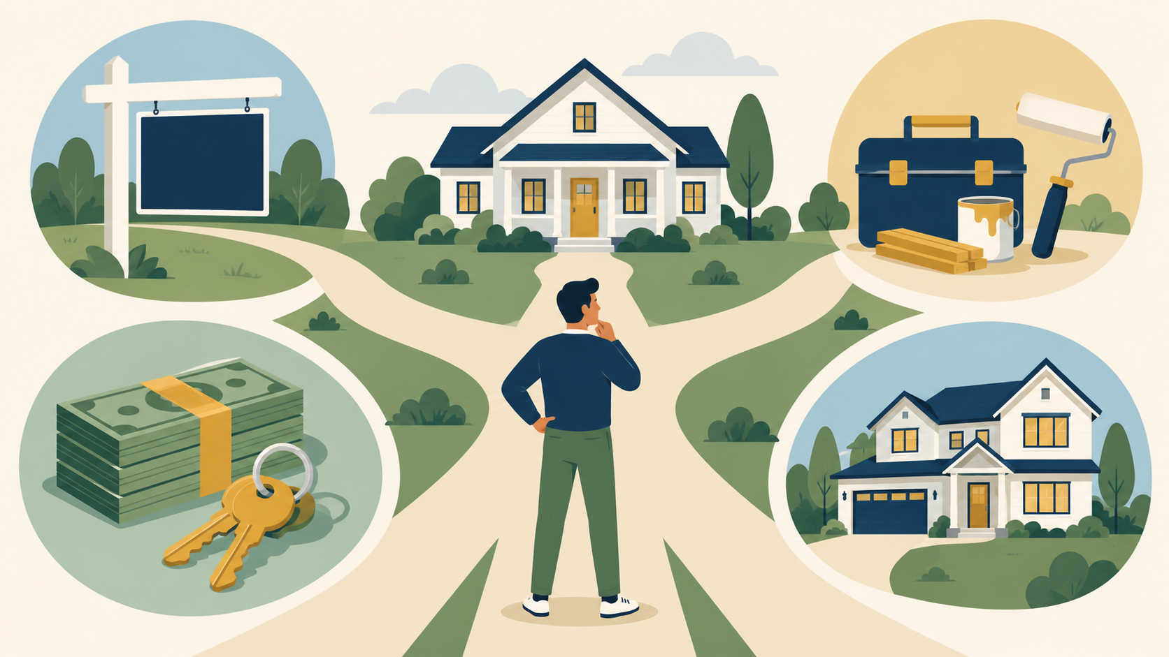 Homeowner at a crossroads considering listing, repairs, a cash offer, or buying another home.
