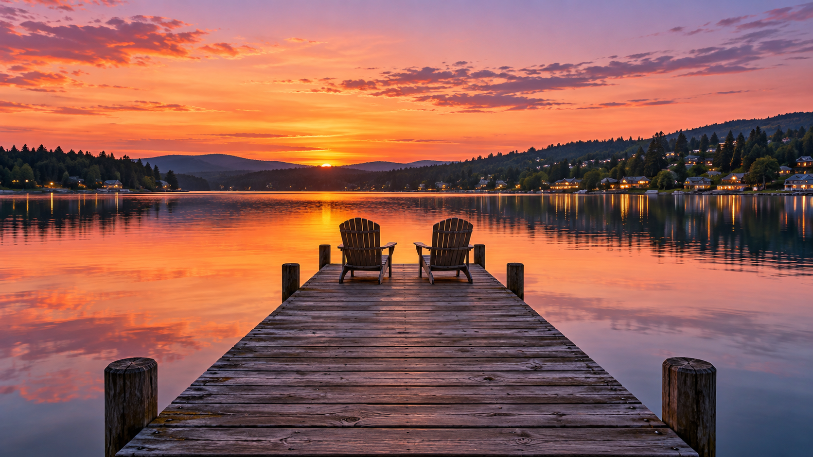 Illustrated wooden dock with two empty chairs overlooking a calm lake and distant town lights at sunset.