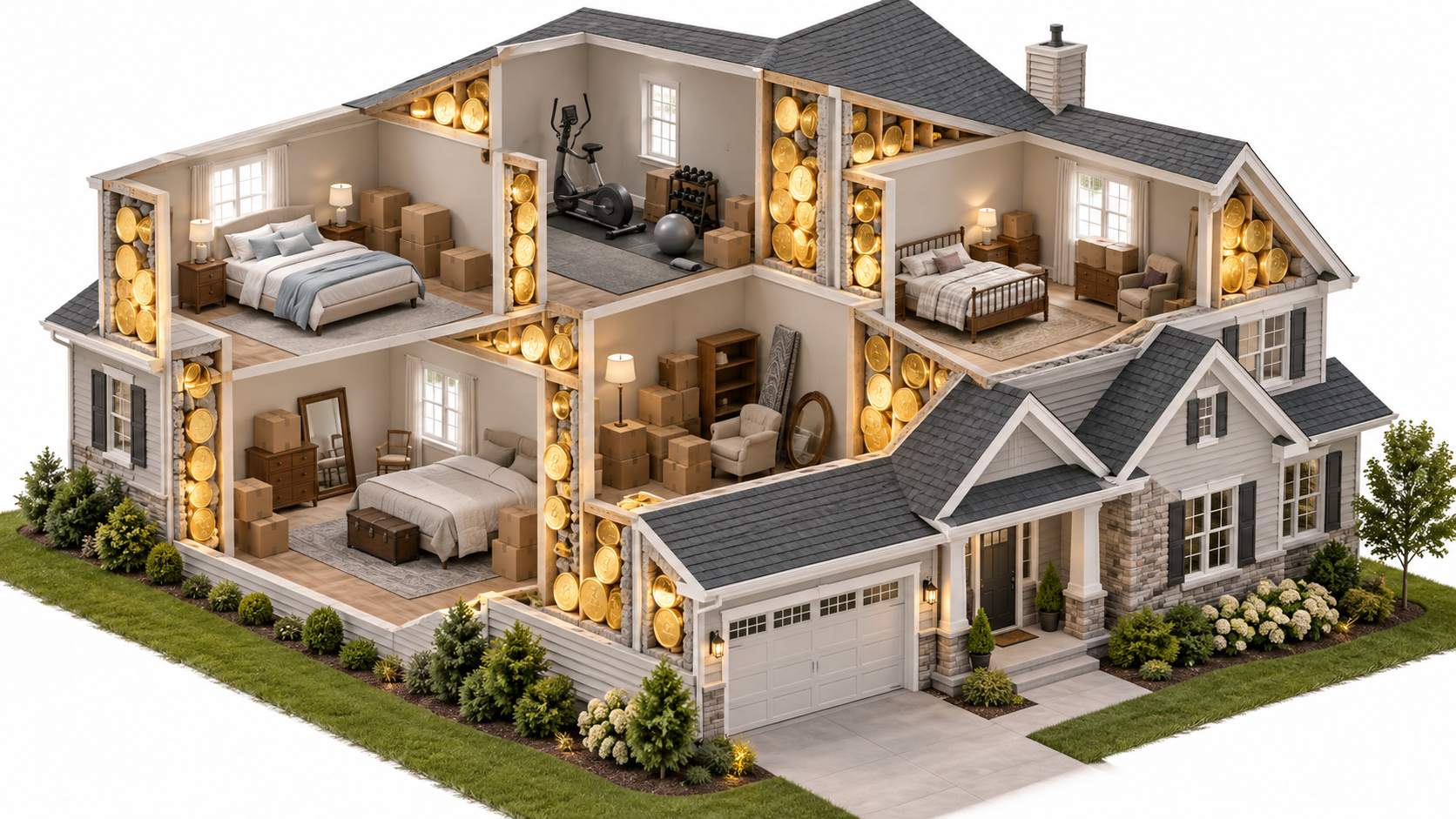 Cutaway illustration of a large suburban home with unused bedrooms, moving boxes, and golden coins in the walls representing home equity. Cutaway illustration of a large suburban home with unused bedrooms, moving boxes, and golden coins in the walls representing home equity.