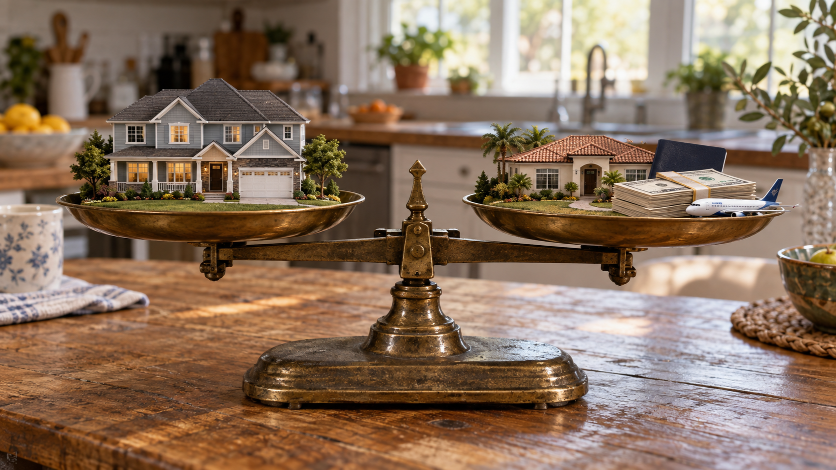 Balance scale comparing a large two-story home with a smaller single-level home, cash, passport, and airplane to illustrate downsizing options. Balance scale comparing a large two-story home with a smaller single-level home, cash, passport, and airplane to illustrate downsizing options.