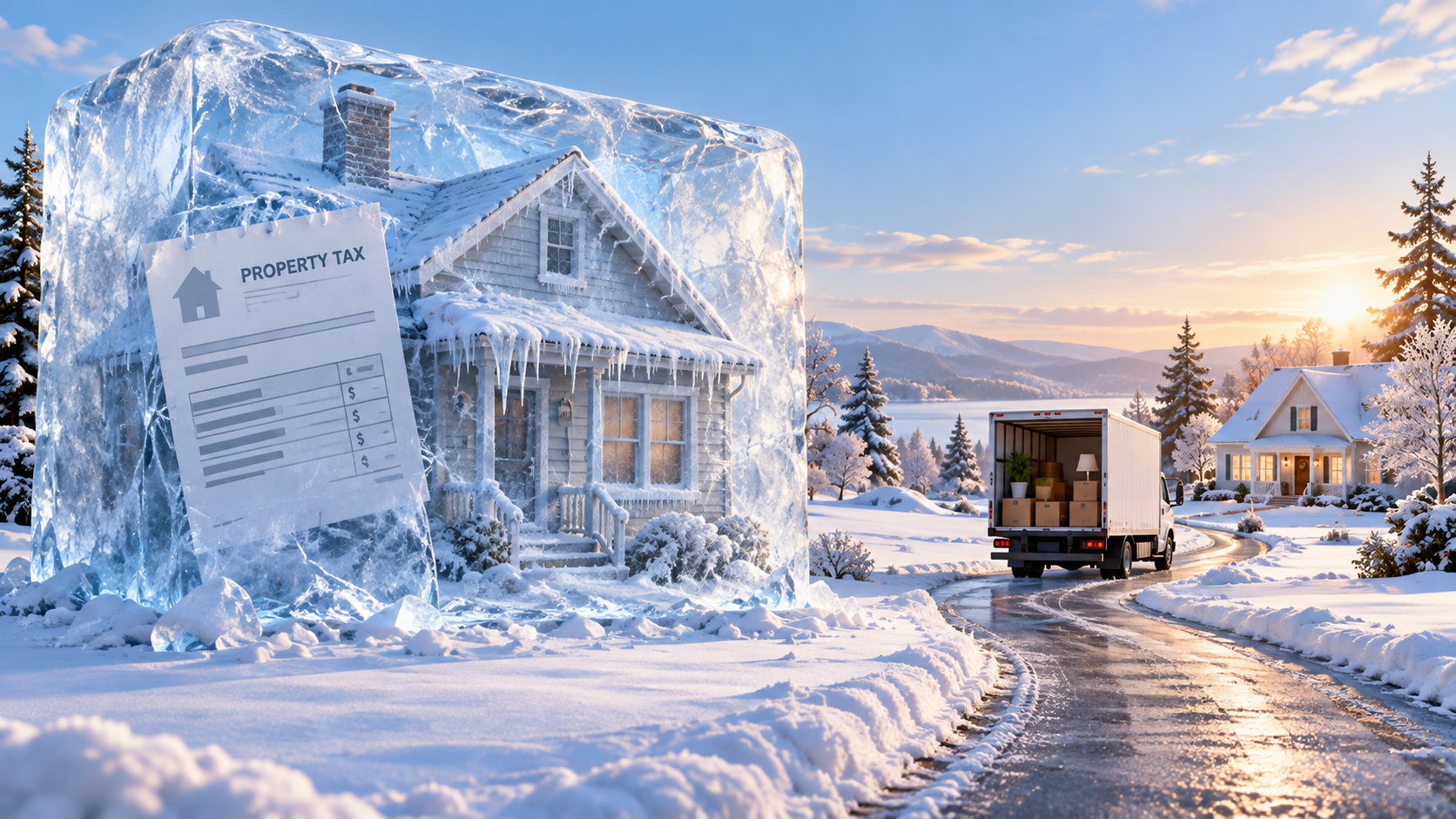 Illustration of a house and property tax bill frozen in ice as a moving truck heads toward another home. Illustration of a house and property tax bill frozen in ice as a moving truck heads toward another home.