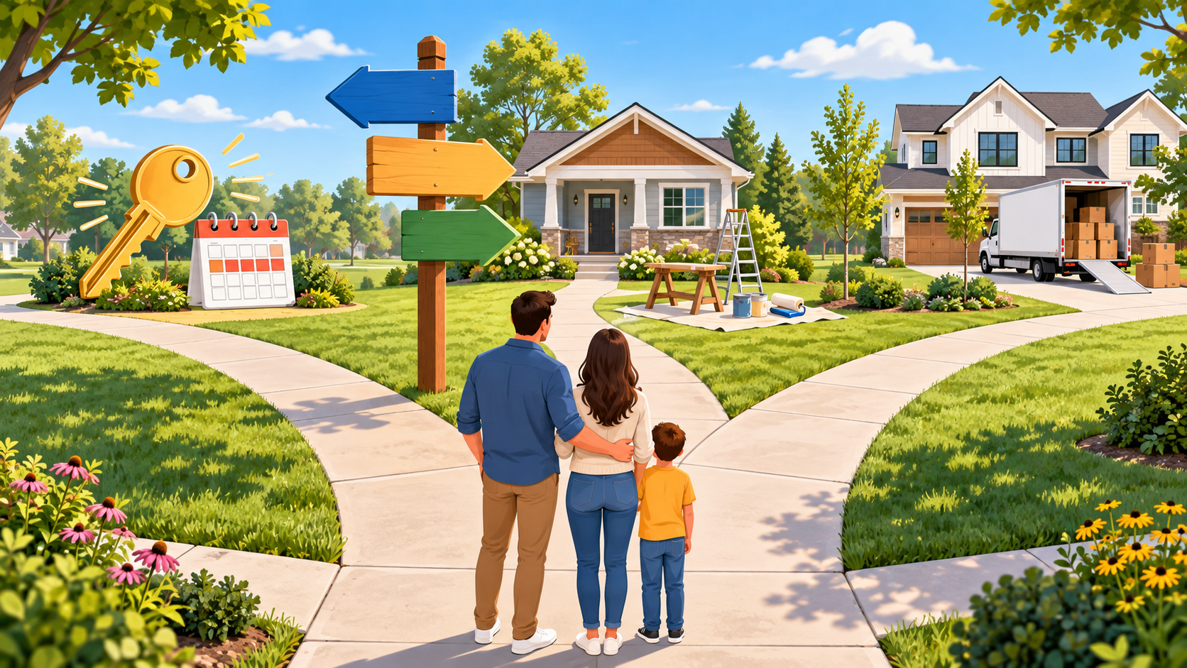 Illustration of three home selling paths: a quick sale, renovating before selling, and moving to a new home. Illustration of three home selling paths: a quick sale, renovating before selling, and moving to a new home.