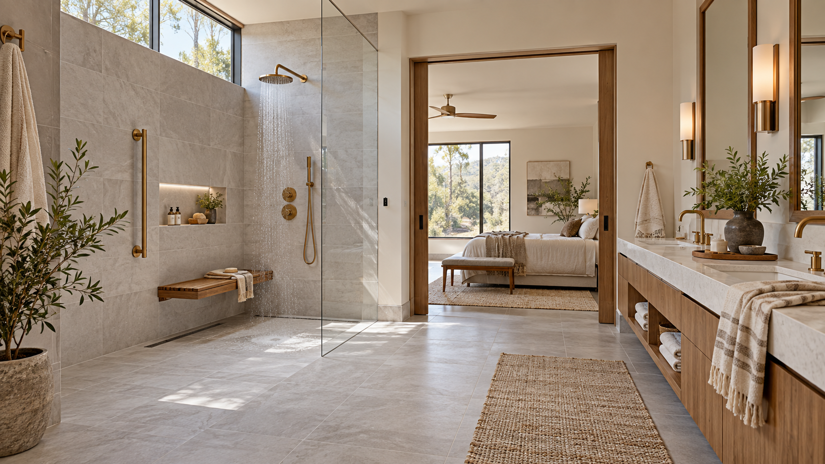 Spa-like primary bathroom with a curbless shower, teak bench, brass grab bar, and wide doorway. Spa-like primary bathroom with a curbless shower, teak bench, brass grab bar, and wide doorway.