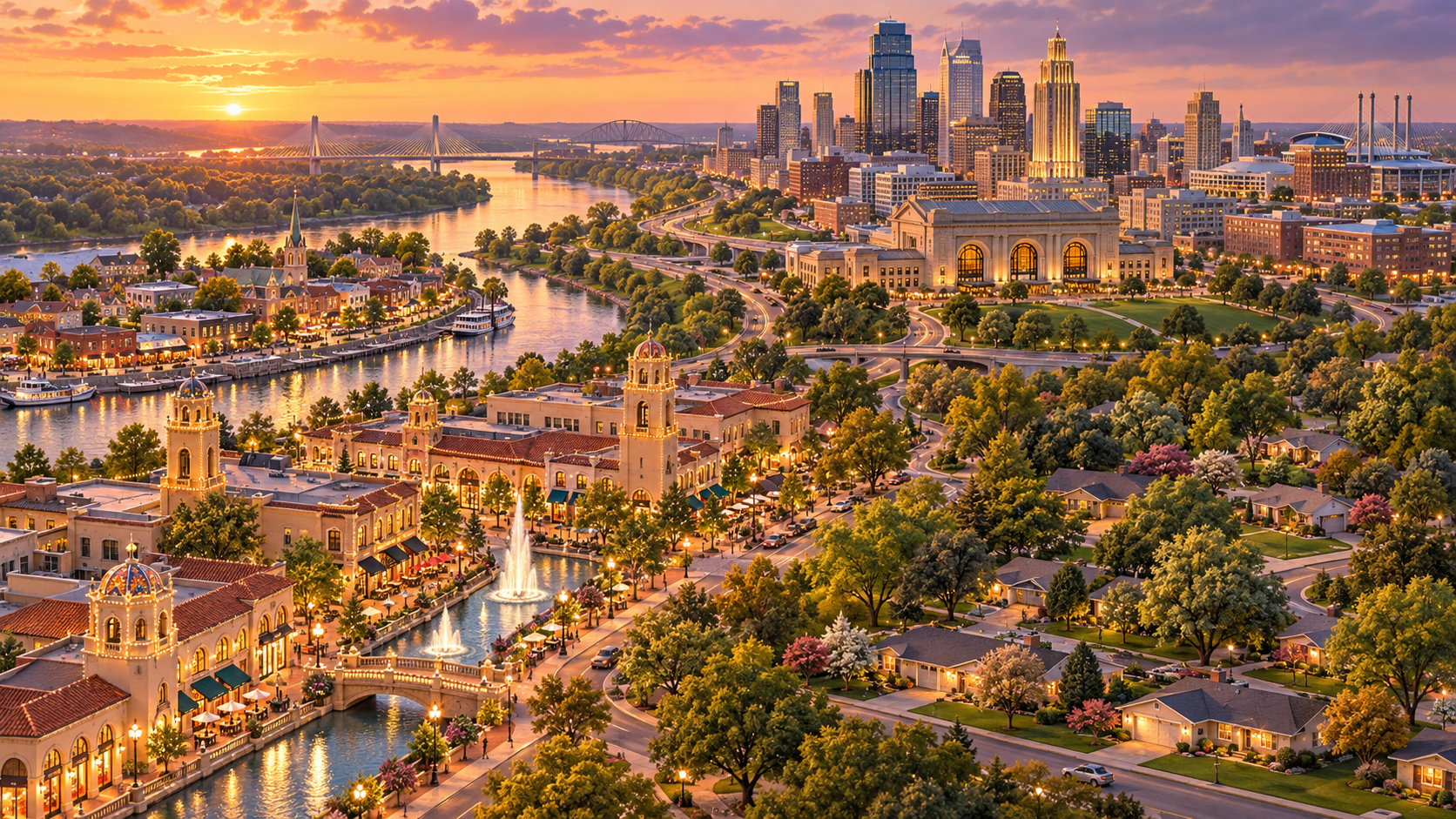 Stylized Kansas City metro illustration showing a shopping district, ranch home neighborhood, riverfront town, and downtown skyline at sunset. Stylized Kansas City metro illustration showing a shopping district, ranch home neighborhood, riverfront town, and downtown skyline at sunset.