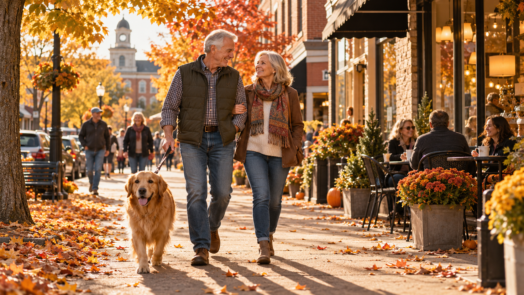 Couple in their 60s walking a golden retriever past local shops and a café on a tree-lined small-town square in fall. Couple in their 60s walking a golden retriever past local shops and a café on a tree-lined small-town square in fall.