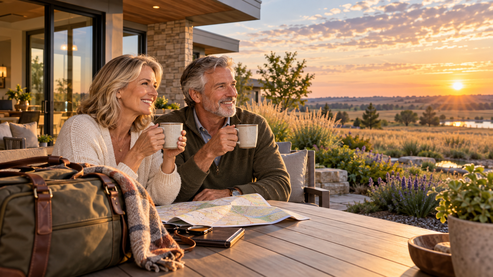 Couple in their 60s enjoying coffee on a single-level villa patio with a travel bag and map at sunrise. Couple in their 60s enjoying coffee on a single-level villa patio with a travel bag and map at sunrise.