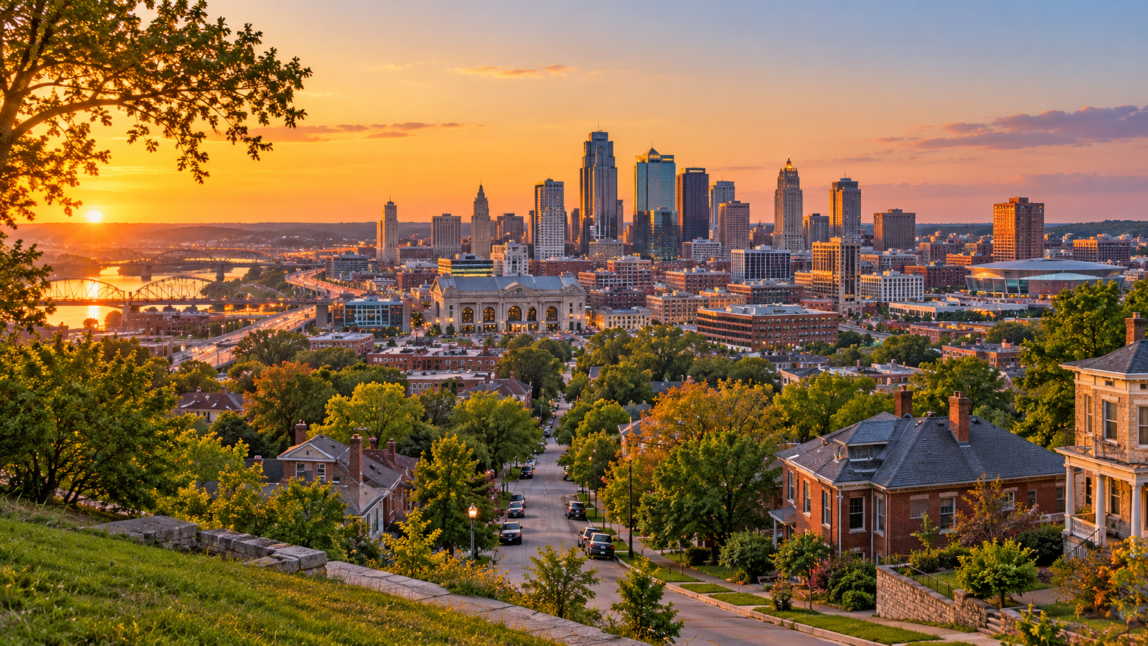 Kansas City downtown skyline at golden hour, viewed from a hilltop park with tree-lined residential streets and rooftops in the foreground. Kansas City downtown skyline at golden hour, viewed from a hilltop park with tree-lined residential streets and rooftops in the foreground.