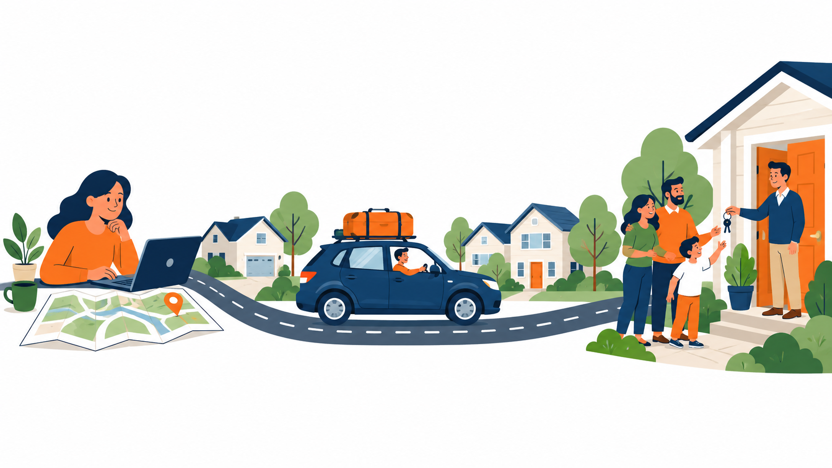 Three-stage relocation illustration showing a person planning with a laptop and map, a car carrying luggage, and a family receiving keys to their new home. Three-stage relocation illustration showing a person planning with a laptop and map, a car carrying luggage, and a family receiving keys to their new home.