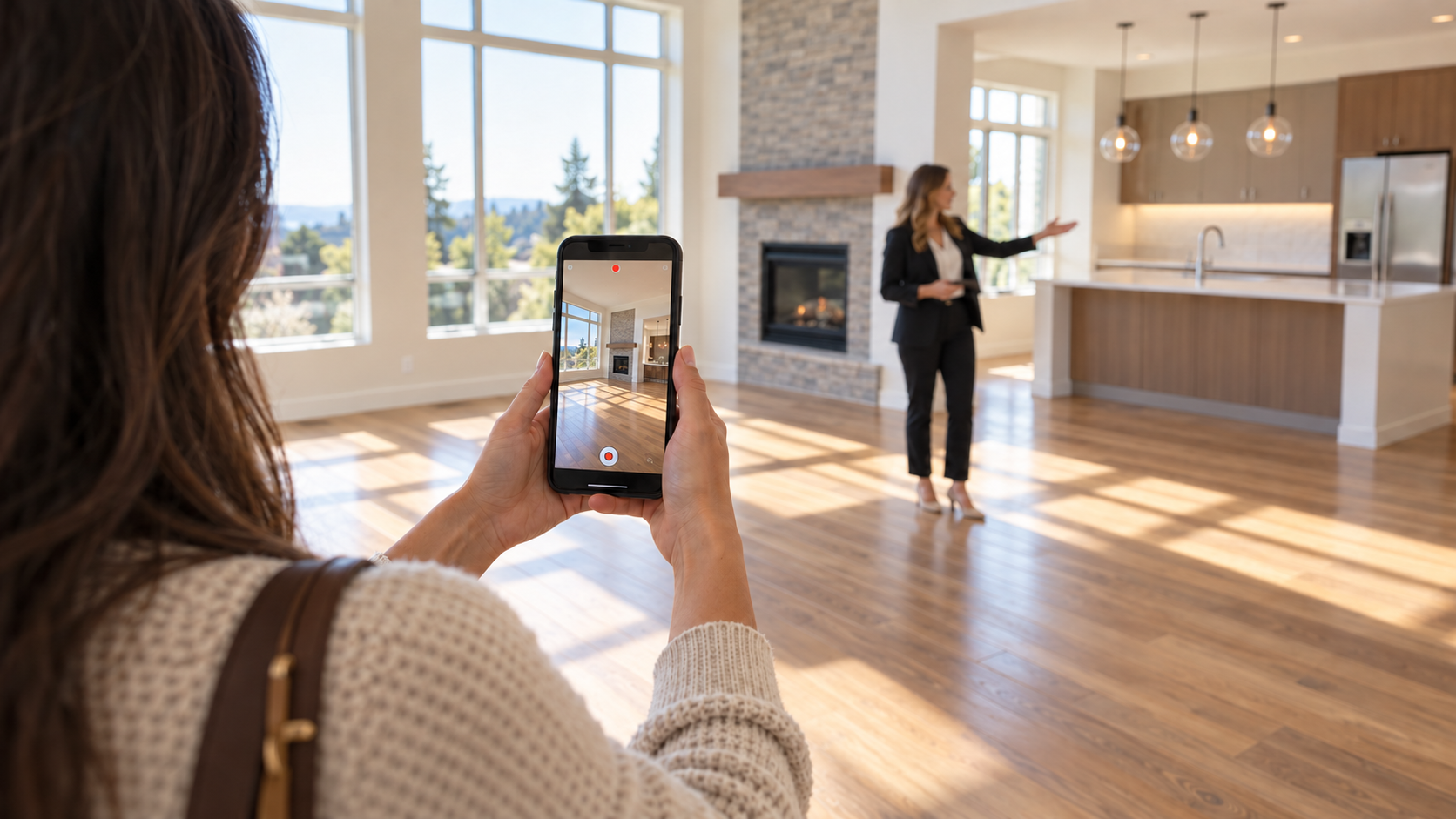 Buyer recording a smartphone video tour of a bright, empty living room while a real estate agent gestures toward the kitchen. Buyer recording a smartphone video tour of a bright, empty living room while a real estate agent gestures toward the kitchen.